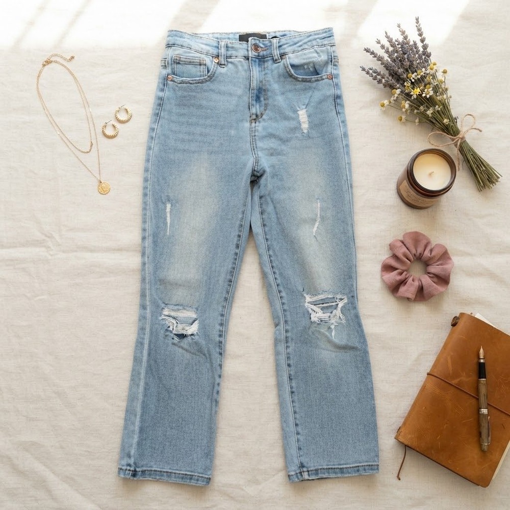 Kendall + Kylie The Icon High Rise Straight Distressed Jeans Light Wash 7/28